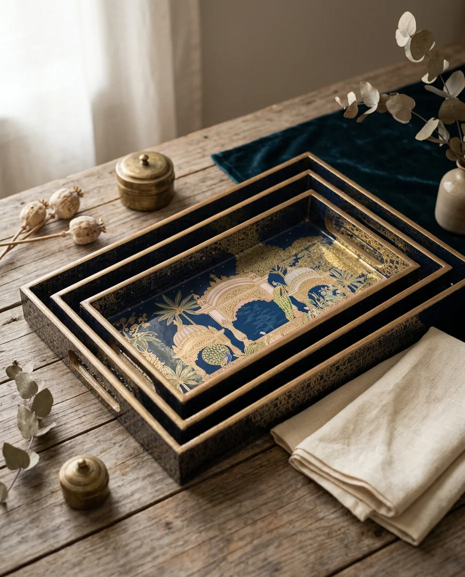 Nested 3 PC Tray Set 16x10" in the Mehraab design, hand-painted in deep teal and gold